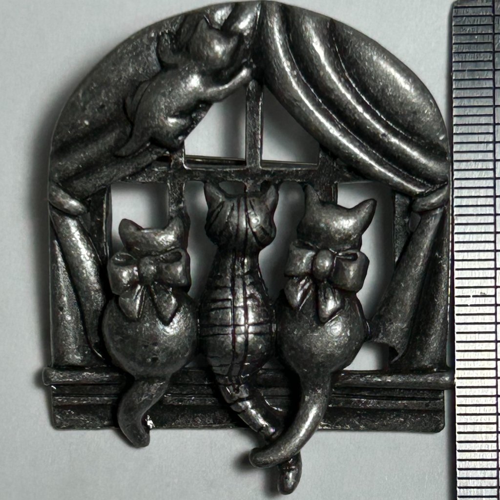 Vintage Signed Ajc Pewter Silver Tone Cats Kittens Brooch Pin